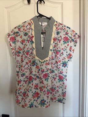 THML Cream Floral Split-Neck Blouse with Striped Placket and Scalloped Trim